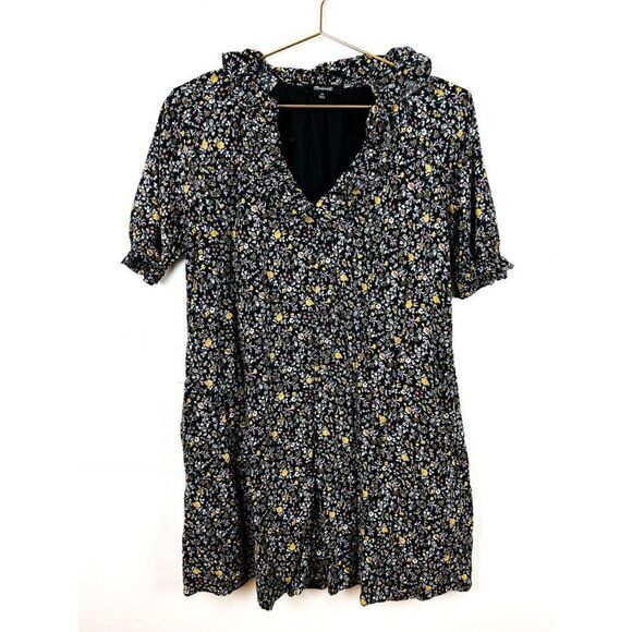 Madewell Ruffle Button Front Trapeze Folkmagic Black Floral Print Dress NA260 - Picture 4 of 13